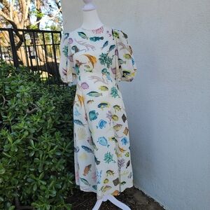 Fish Print Novelty Dress Puff Sleeve Travel Vacay Medium